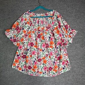 Chenault Floral Womens Short Sleeve Top Blouse Size 3x Ruffle Stretch